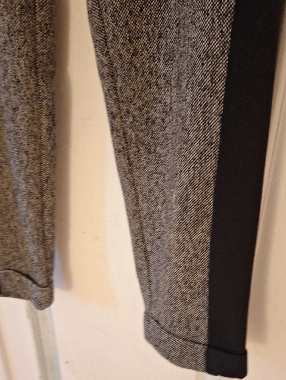 Tweed-Style Black & White ladies Pant with sporty black banding down the side.